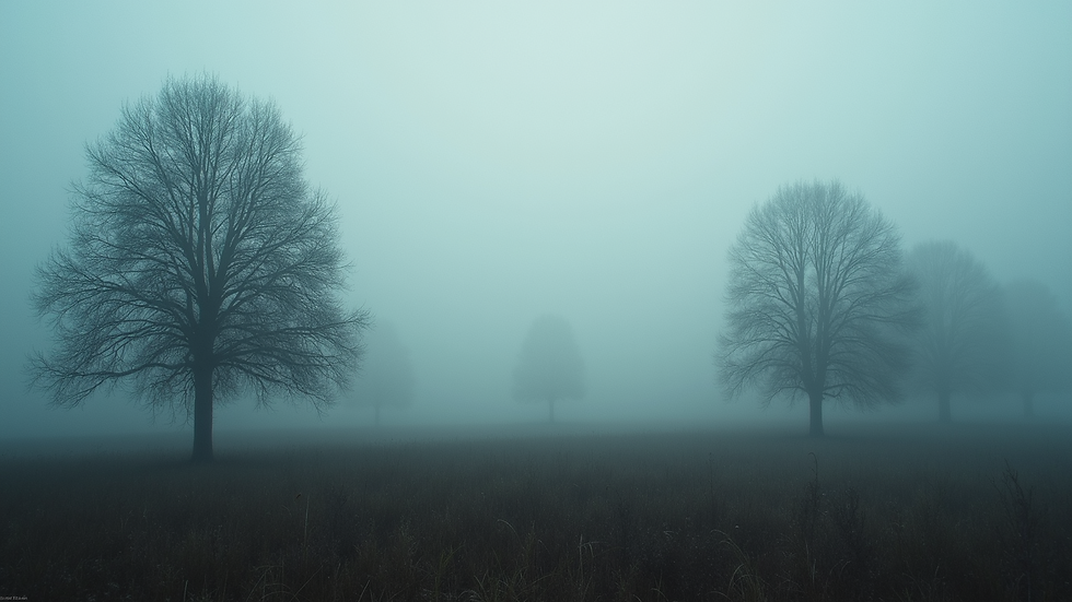 Eye-level view of a haunting landscape with mist and trees