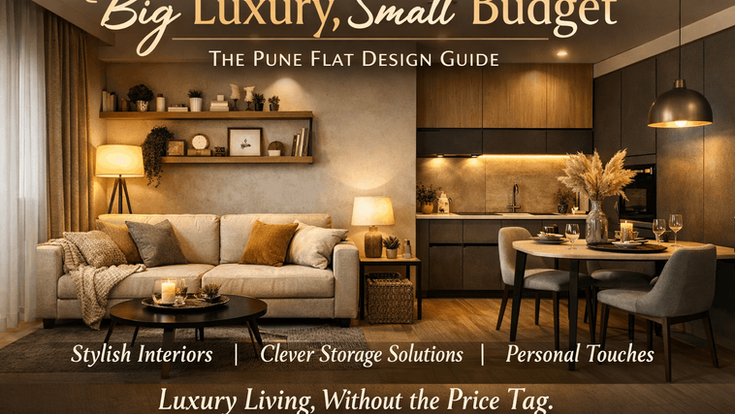 Modern living room and kitchen with neutral tones, cozy couch, and dining table. Text: Big Luxury, Small Budget - The Pune Flat Design Guide.