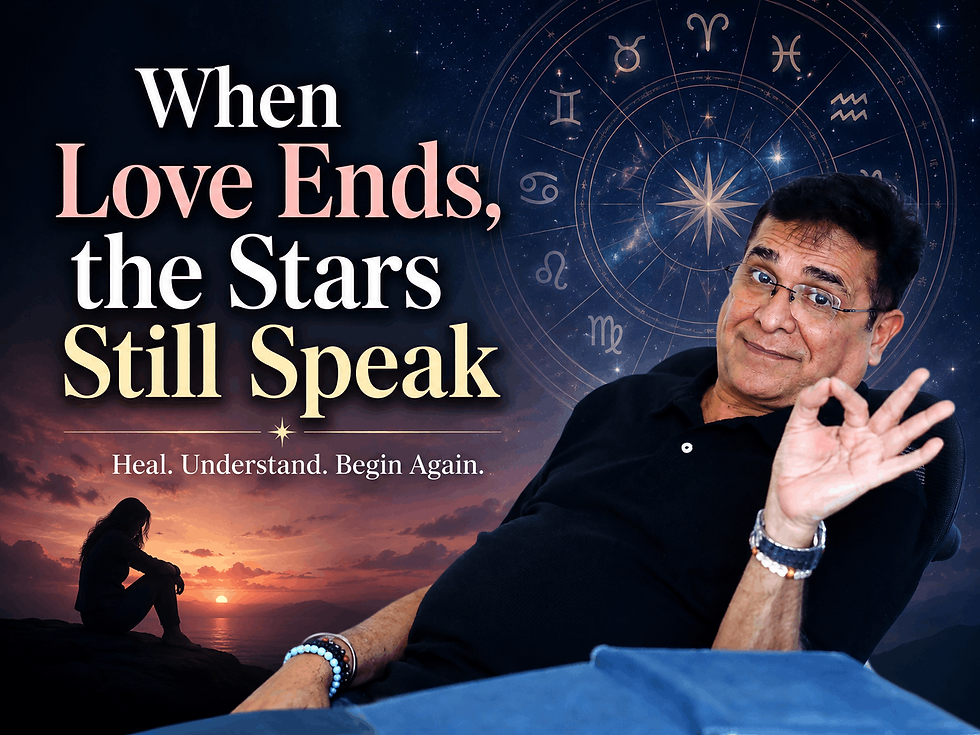 Man in glasses gestures OK beside astrology wheel; text reads When Love Ends, the Stars Still Speak, with sunset silhouette below.