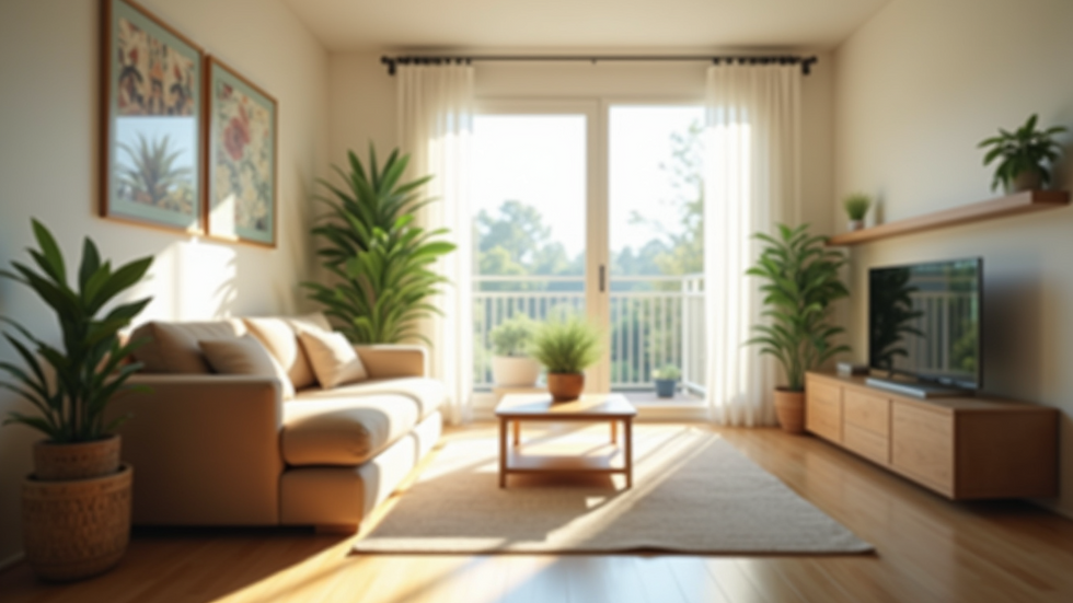 Eye-level view of a bright living room with natural light and plants
