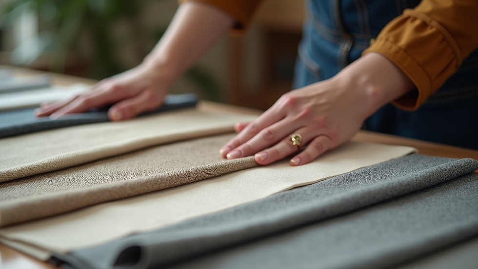 Close-up view of a designer selecting fabric samples for upholstery