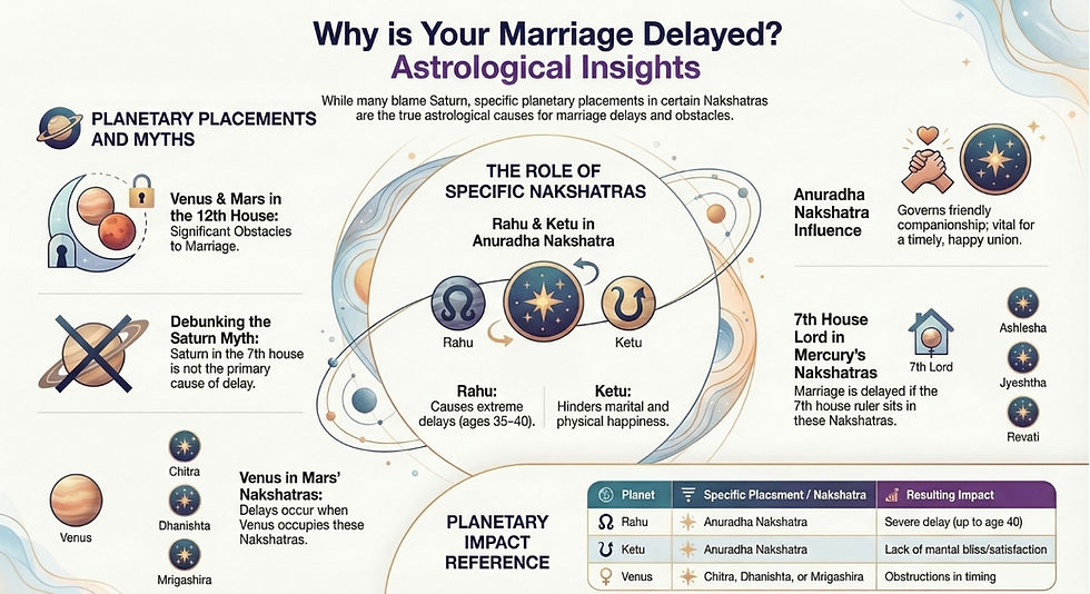 Astrological diagram on marriage delays includes planets, nakshatras, and myths. Features Venus, Mars, Rahu, and Ketu with text annotations.