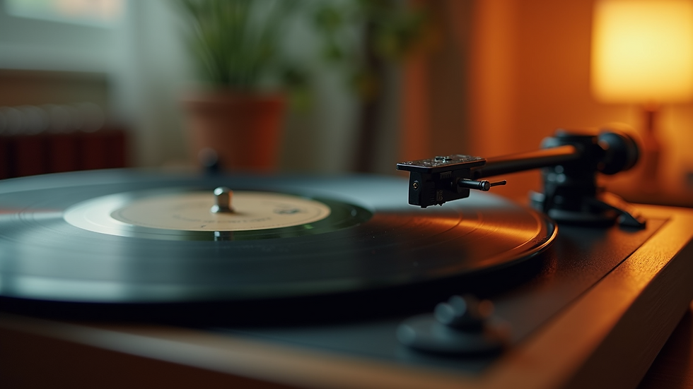 High angle view of a vintage record player and vinyl records