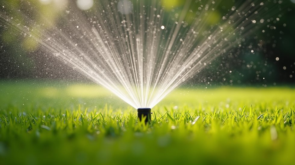 Eye-level view of a green lawn being watered with a sprinkler