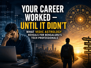 Poster about career uncertainty: stressed man at laptop, city sunset, zodiac wheel, and signs reading New Direction, Purpose, Growth, Alignment.
