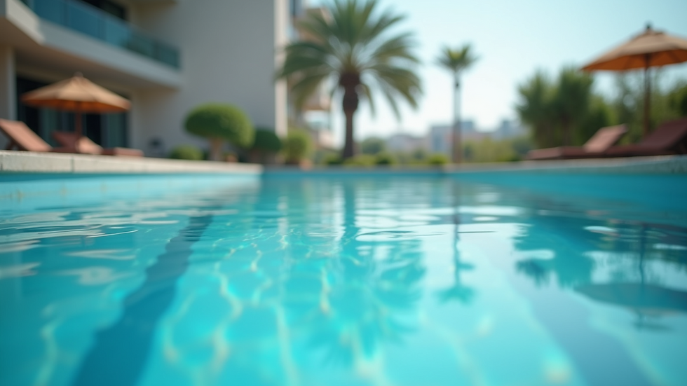 Eye-level view of a clean swimming pool with clear blue water