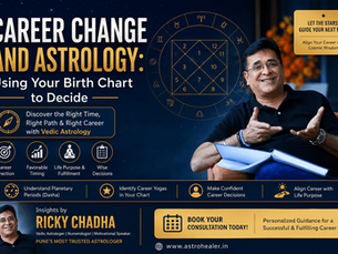 Astrology-themed image with a man explaining career change through birth charts. Blue background, astrological symbols, and consultation text.