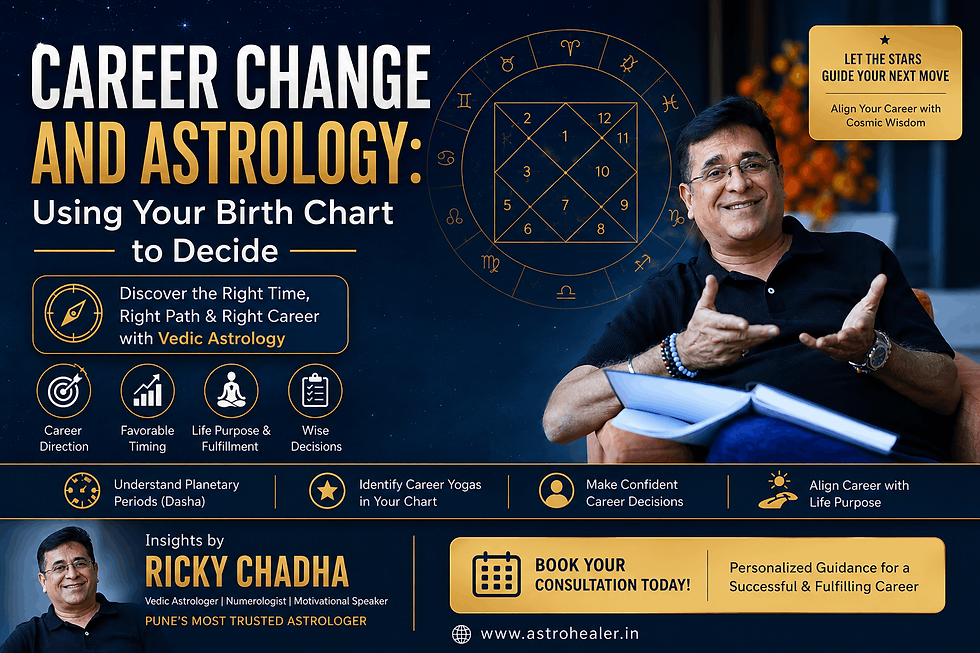 Astrology-themed image with a man explaining career change through birth charts. Blue background, astrological symbols, and consultation text.