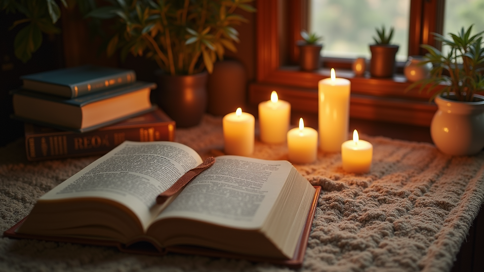 High angle view of a cozy healing space with candles and spiritual books