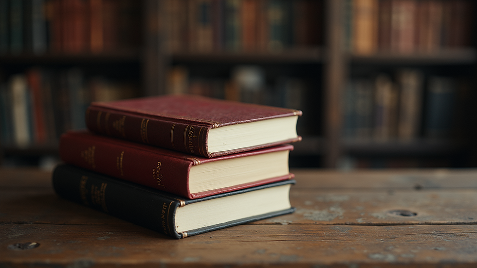 Eye-level view of a stack of paranormal books on a wooden table