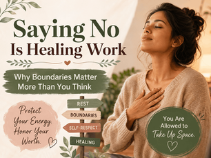 Poster of a calm woman with hand on heart beside text about boundaries, rest, healing, and taking up space.