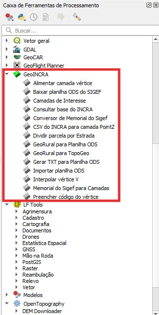 Figura 1: Ferramentas do plugin GeoINCRA no QGIS