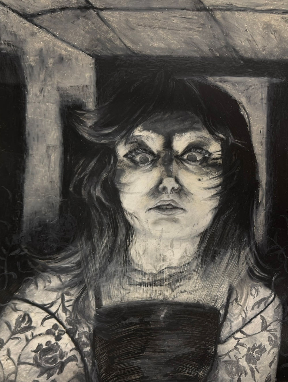 Charcoal studies of a startled woman with tattoos.