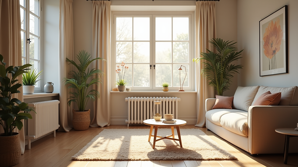 Eye-level view of a living room with open windows and fresh sunlight