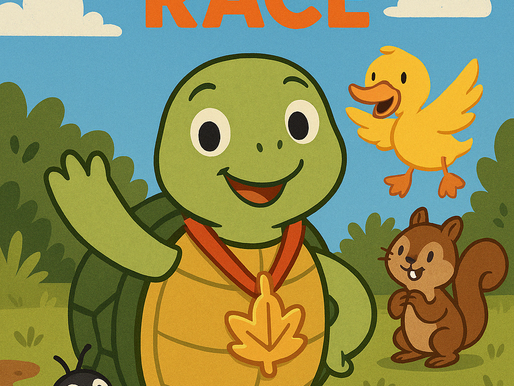 A colorful, cartoon-style illustration of a cheerful turtle named Tilly standing on a muddy race path. Tilly wears a gold leaf-shaped medal and is smiling with one arm raised. Surrounding her are friendly animal characters: a happy yellow duck flying above, a smiling brown squirrel, and a cute black beetle. The background features green bushes, a bright blue sky with fluffy clouds, and playful scenery, capturing the joyful spirit of a children's storybook cover. The title "Tilly the Turtle's Super Slow Race" is written in bold yellow and orange letters at the top.