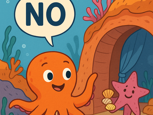Cartoon-style image of Olly the Octopus in an underwater coral home, smiling as he gently says "no" to a cheerful starfish holding seashells.