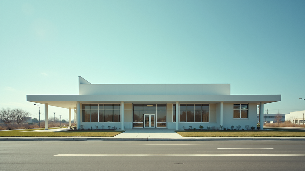 Eye-level view of a public service building with a clear sky