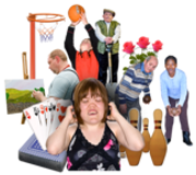 A collage featuring diverse activities: basketball, painting, bowling, poker cards, and two groups of people engaged in various hobbies.