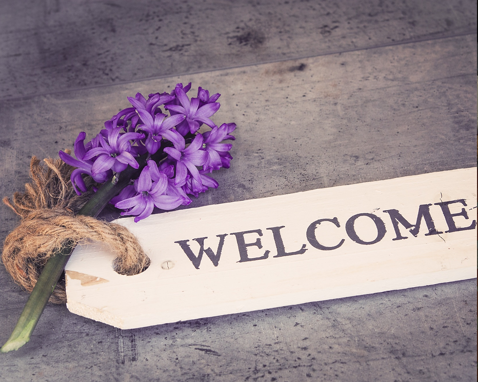 flores com placa de welcome, bem-vindo