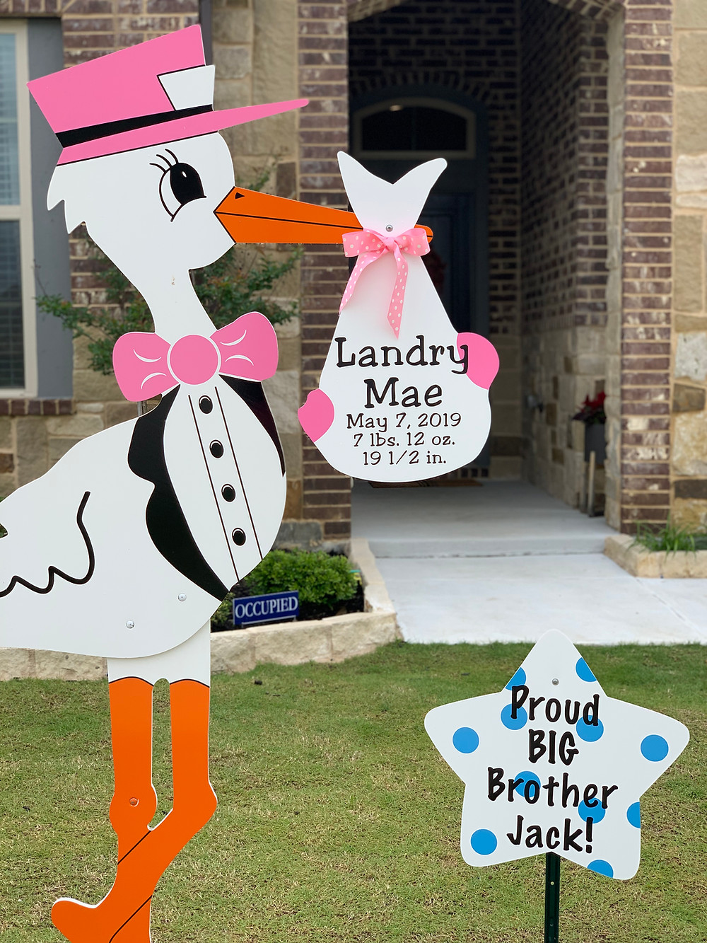 baby girl stork and sibling brother sign