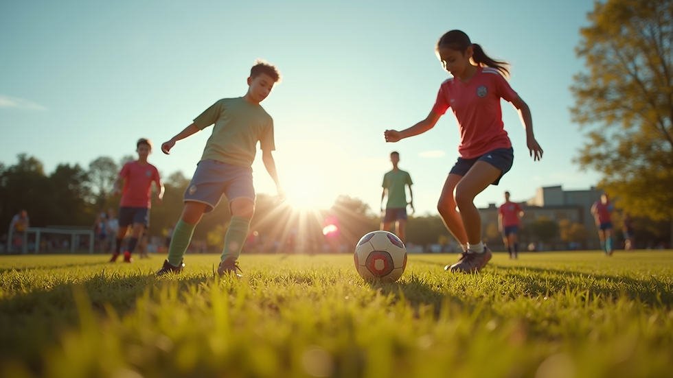 Eye-level view of a group of friends playing soccer on a sunny day