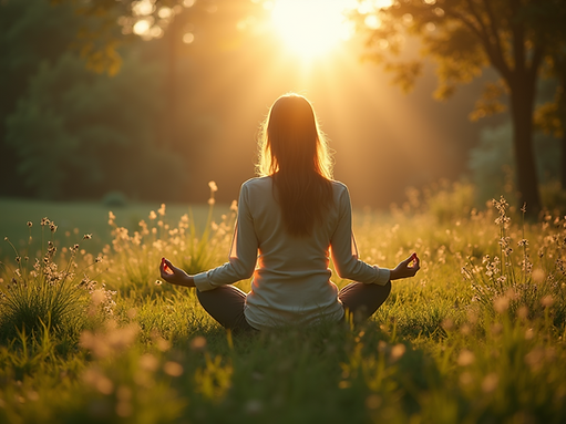 Una persona meditando en la naturaleza, rodeada de plantas medicinales y con una luz cálid