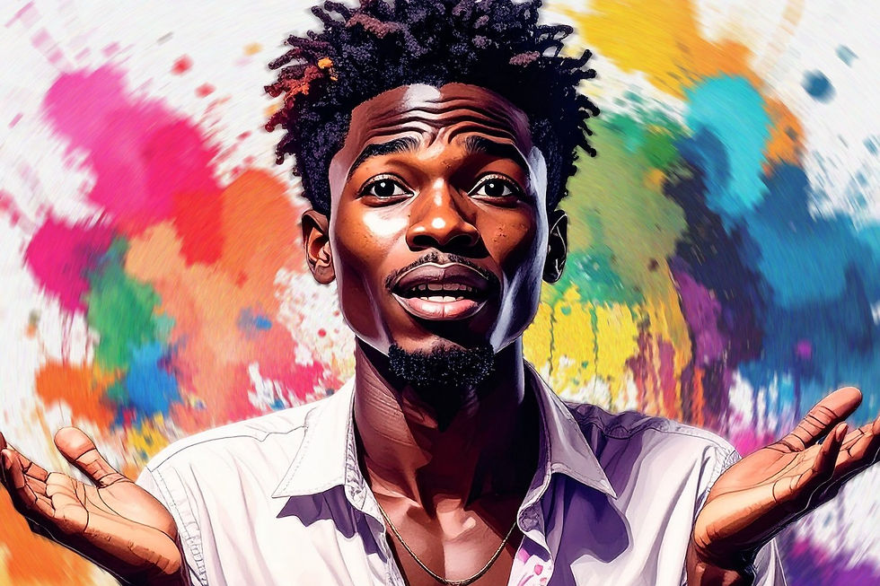 Man in a white shirt shrugs with a curious expression. Background features vibrant splashes of color, creating a lively, artistic mood.
