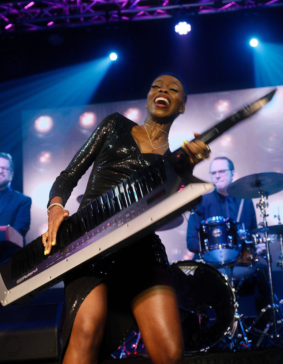 Live Music Society Corporate Band Keyboard Player Smiling and Having Fun