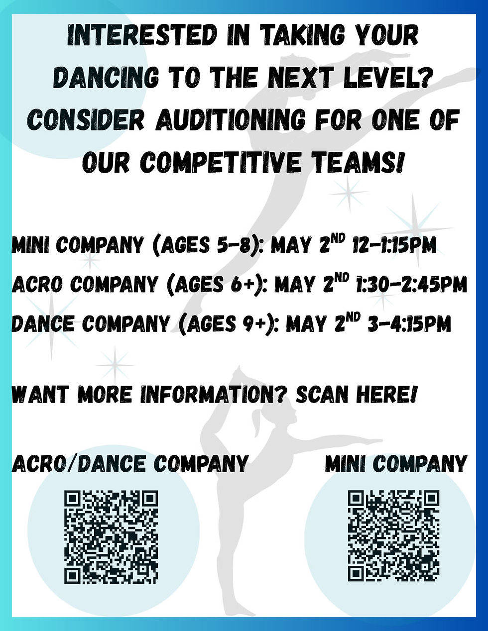 Power Music & Dance competitive team auditions schedule including Mini Company, Acro Company, and Dance Company tryouts on May 2