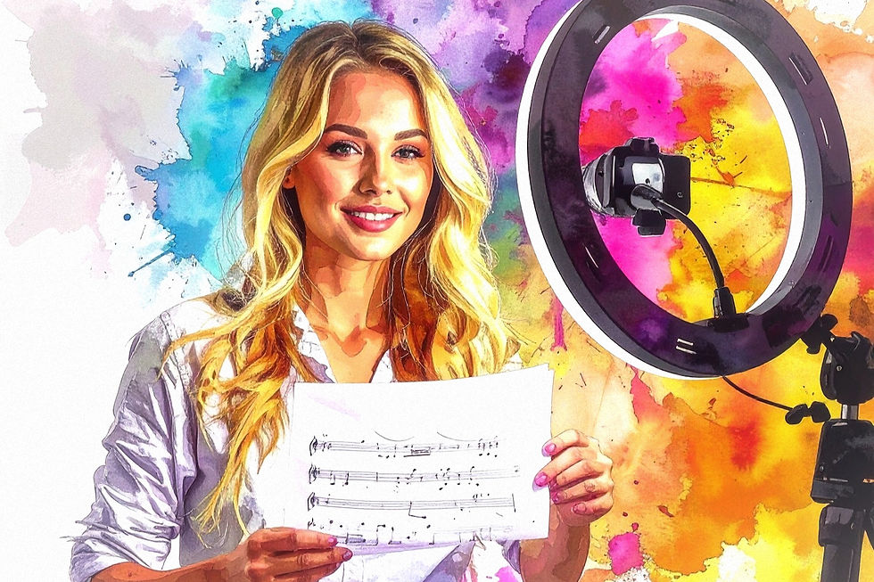 Blond woman holding sheet music in front of a ring light and colorful backdrop, representing online vocal coaching and creative vocal training.