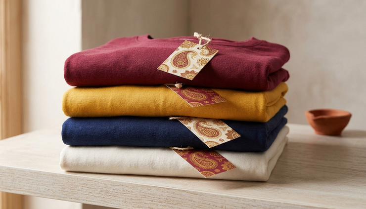 Eye-level view of neatly folded custom T-shirts in Diwali-inspired colours.