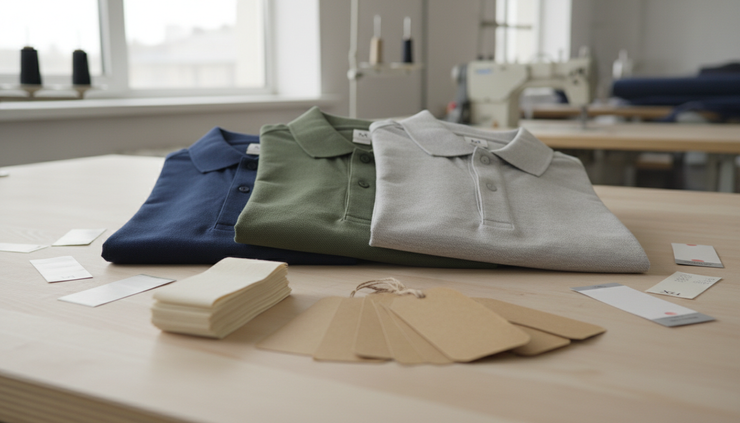 Eye-level view of custom neck labels and hang tags beside folded polo shirts