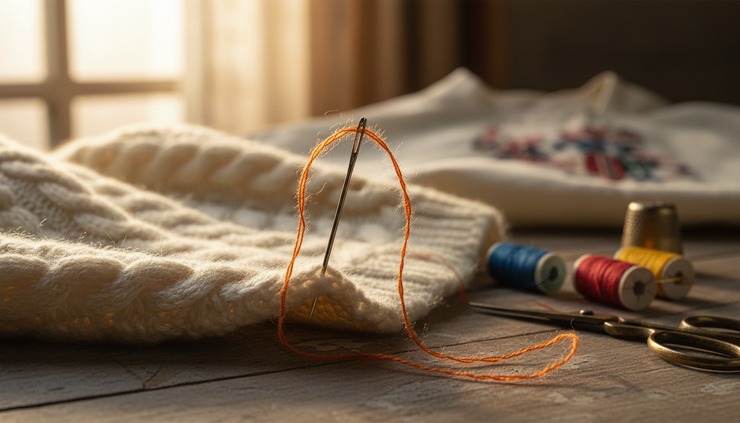 Close-up view of a sewing needle passing through soft knitted fabric