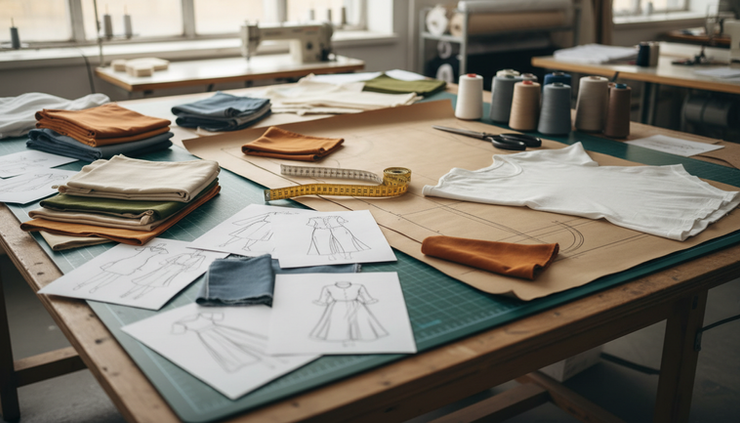 Wide-angle view of a garment cutting table with sketches, measuring tape, fabric swatches, and sample garments.