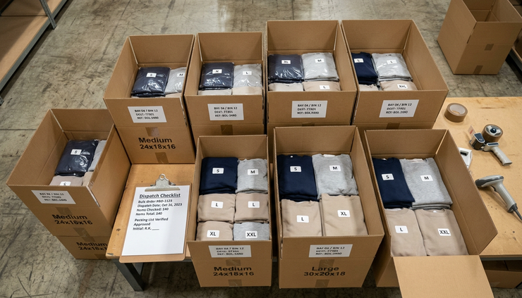 Top-down view of labelled cartons filled with folded plain apparel packs