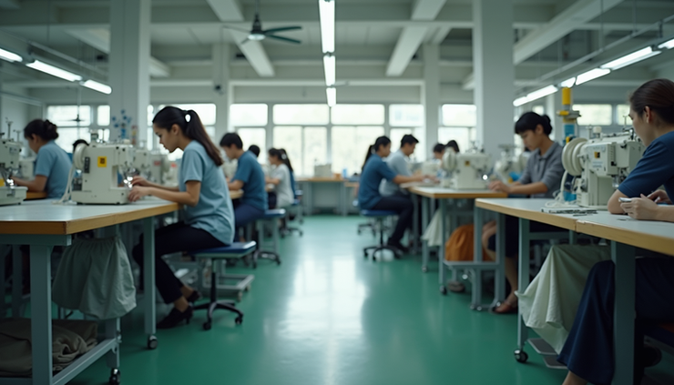 Eye-level view of a garment factory floor with sewing machines and workers stitching clothes