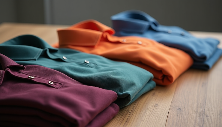 Eye-level view of neatly folded custom polo shirts in various colors on a wooden table