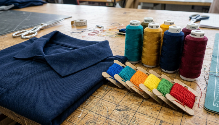 Close-up of embroidery thread beside a plain polo shirt collar