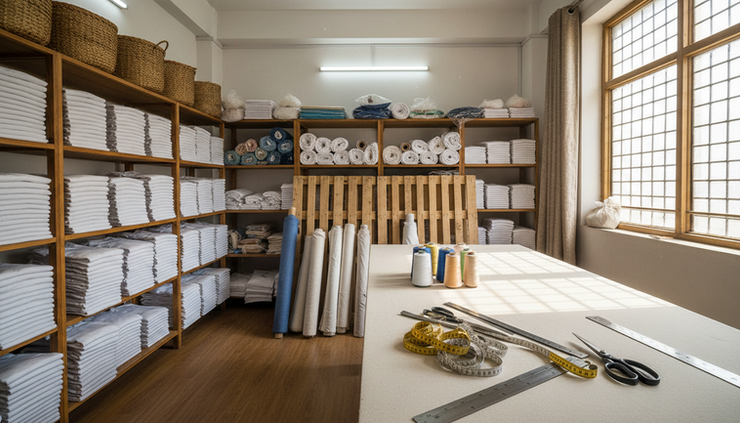 Wide-angle view of neatly stacked blank T-shirts and fabric rolls in a small apparel workshop