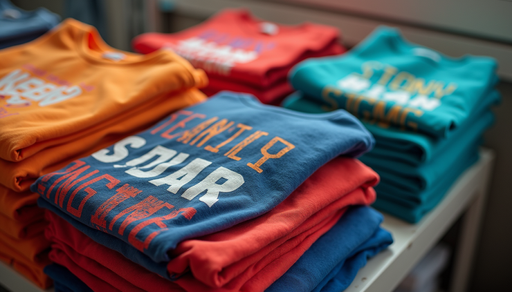High angle view of colorful customized T-shirts stacked neatly