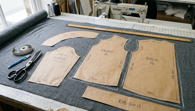 Close-up view of paper T-shirt pattern pieces placed on grey knitted fabric
