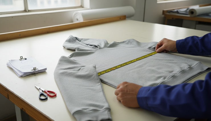 Eye-level view of a finished hoodie being measured on an inspection table