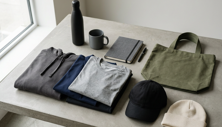 Wide-angle view of folded apparel and employee kit items on a neutral studio surface.