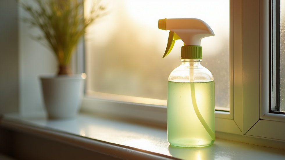 Close-up view of a spray bottle with eco-friendly window cleaner on a sunny windowsill