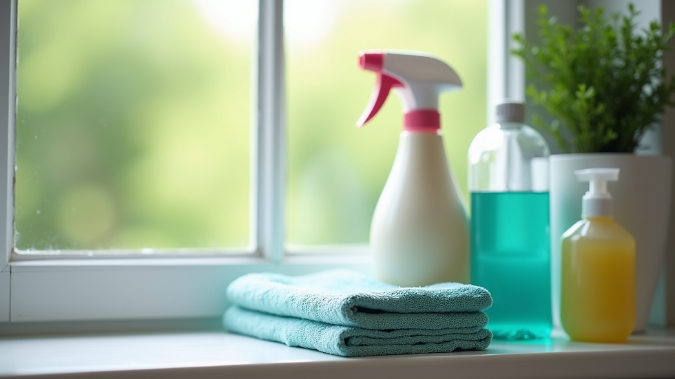 Close-up view of eco-friendly cleaning products and microfiber cloths on a window sill