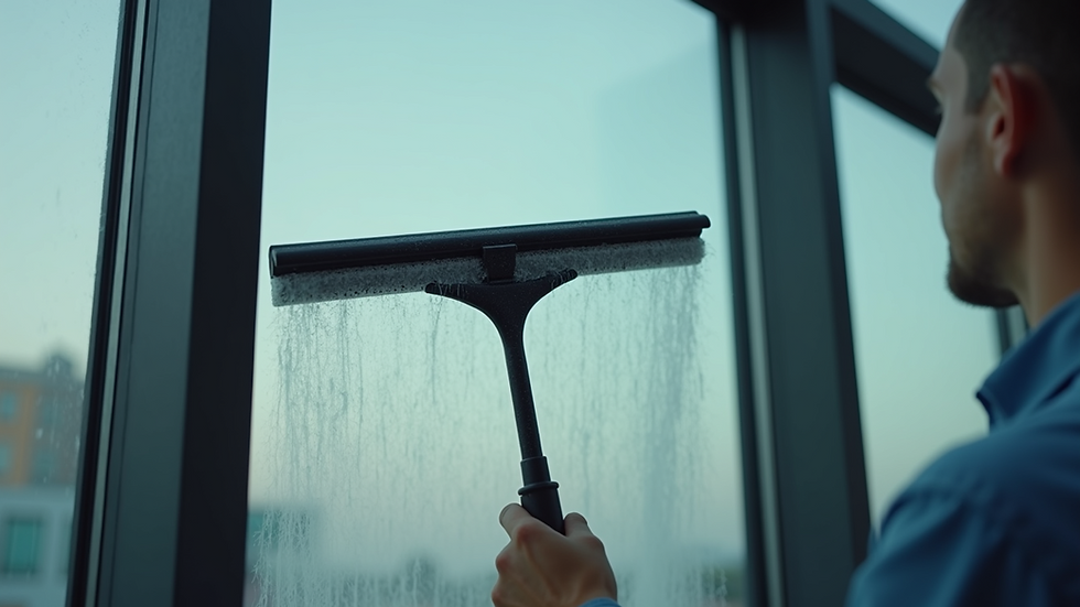 Close-up view of a professional squeegee cleaning a large commercial window