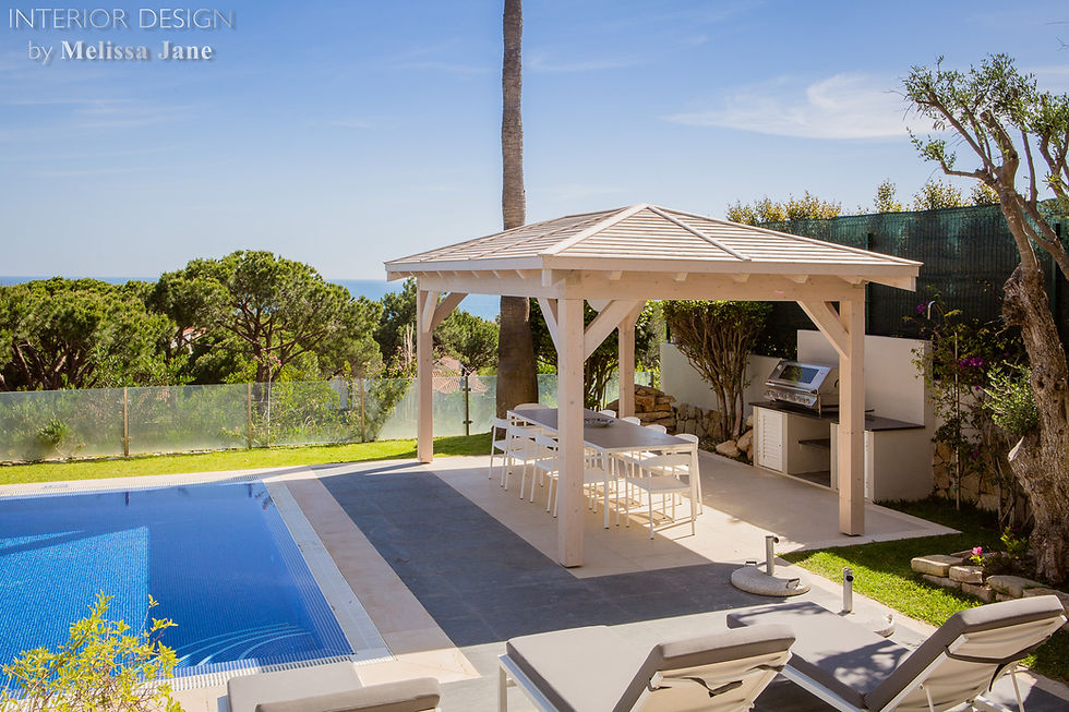Outdoor dining area next to swimming pool