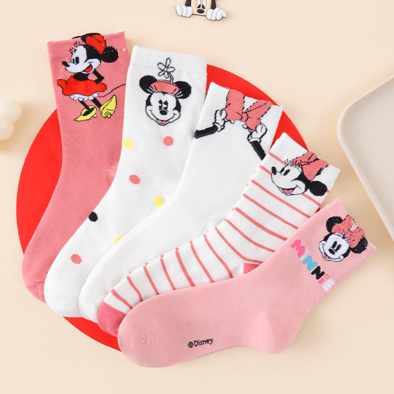 Miniatura: 5 Pairs of Disney Pink White Cute Minnie Women's Anime Socks With Polka Dot Stri