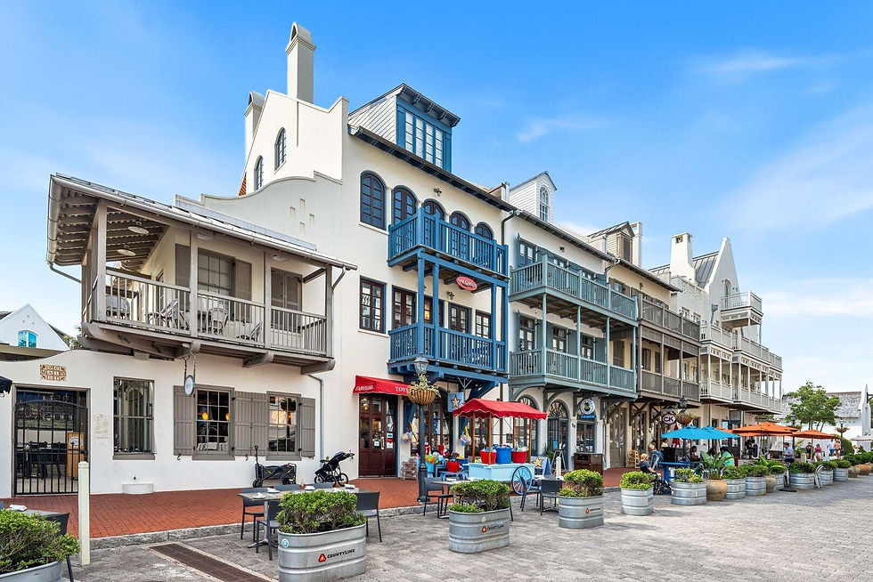 European-inspired coastal architecture, cobblestone streets, and charming town surroundings in Rosemary Beach, Florida, along Scenic Highway 30A.