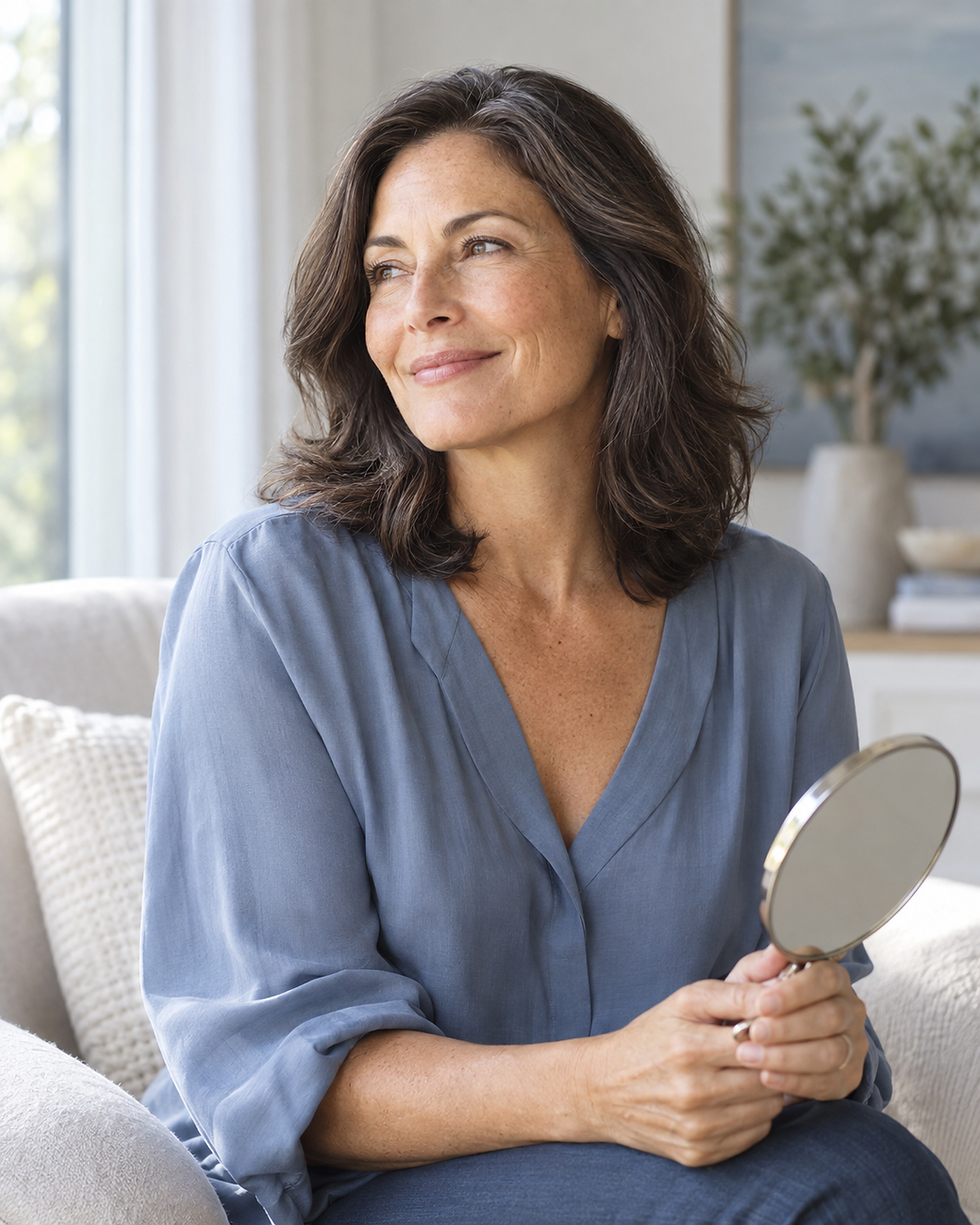 Illustrative portrait of a woman holding a mirror beside a window.